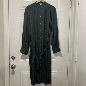 VINCE Women's  Silk Mandarin Collar Button Down Shirt XL Green Belt Pockets